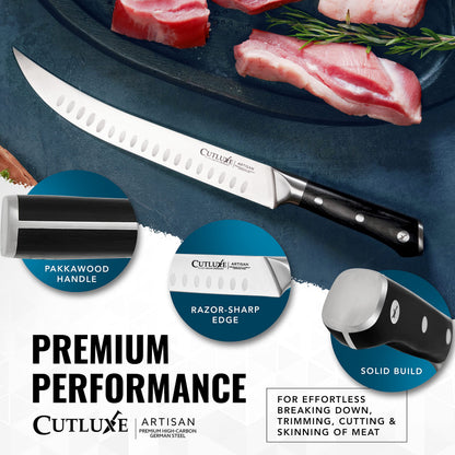 Cutluxe Butcher Knife – 10″ Cimeter Breaking Knife, Razor Sharp Forged High Carbon German Steel, Full Tang Meat Carving Knife, Ergonomic Handle Design, Grilling Gifts for Men – Artisan Series