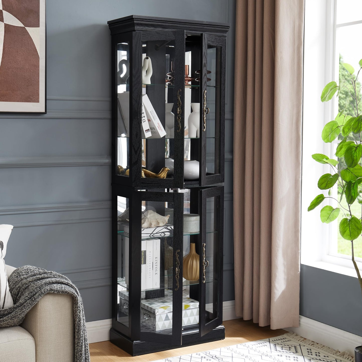 Elountik Lighted Curio Display Cabinet, Glass Storage with Wood Frame, Built-in Lighting for Living Room, Kitchen, Pantry, Ideal for Wine, Toys, Collectibles - Black