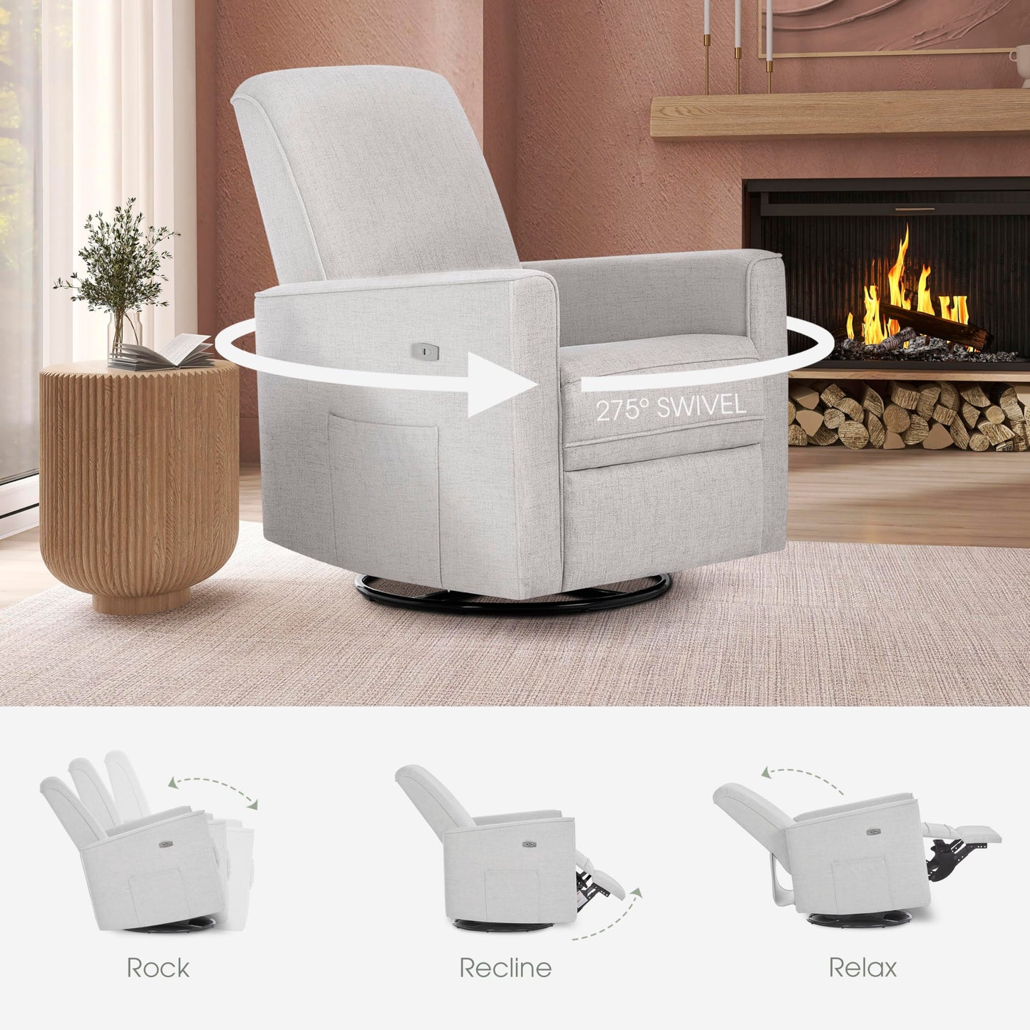 Evolur Harlow Upholstered Power Glider Recliner with USB Charging – Rocking & 275° Swivel with Smooth Glide – Greenguard Gold & FSC Certified – Modern Nursery and Living Room Chair in Fog