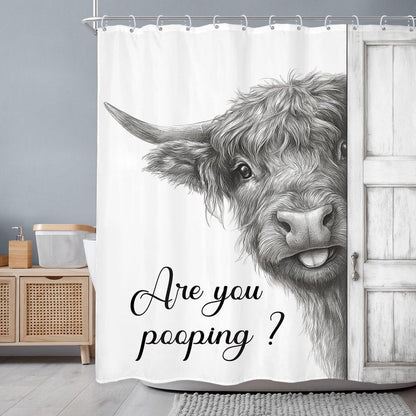Newsely Funny Highland Cow Shower Curtain 60Wx72L Inch Black and White Rustic Farmhouse Wooden Door Bathroom Set Humorous are You Pooping Waterproof Bath Decoration Accessories Home Decor