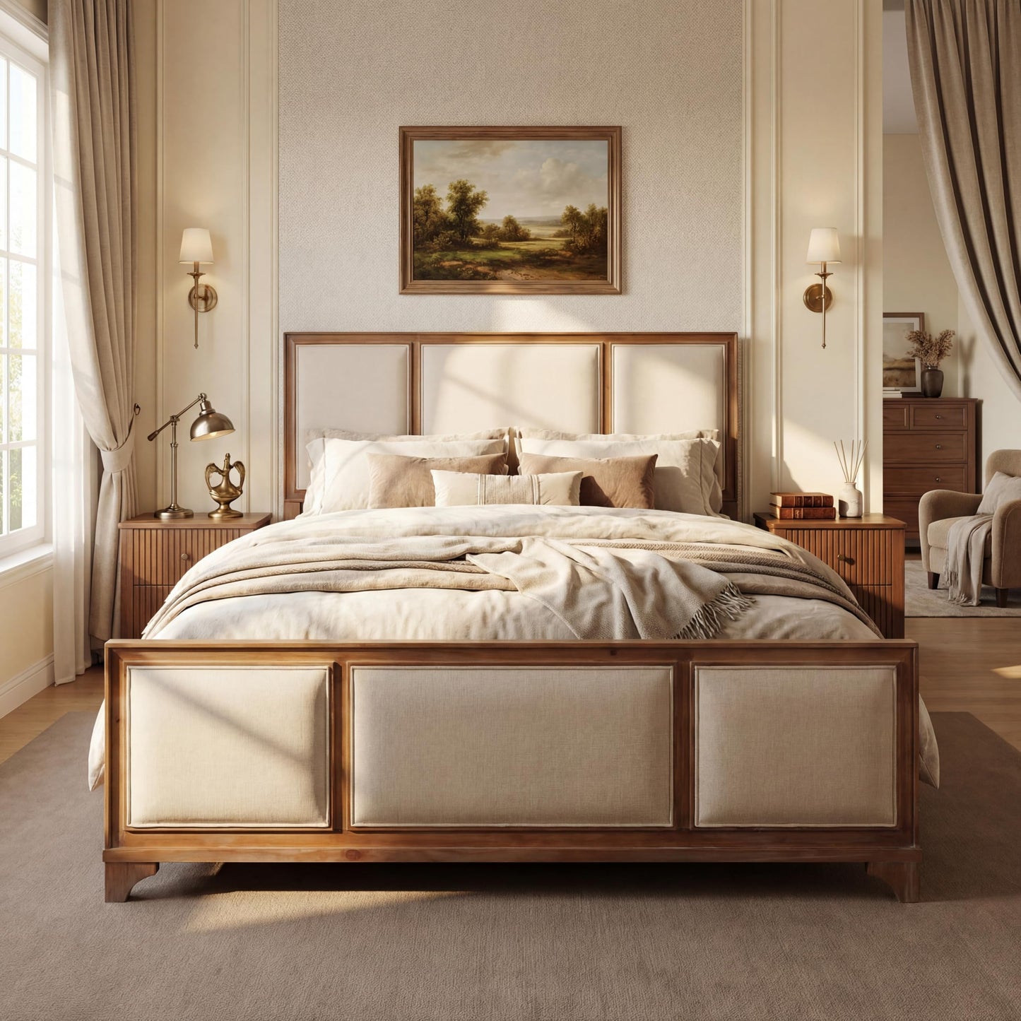 Queen Size Wooden Bed Frame with Upholstered Headboard, Natural Wood & Beige Fabric, Solid Wood Platform, Modern Farmhouse Style
