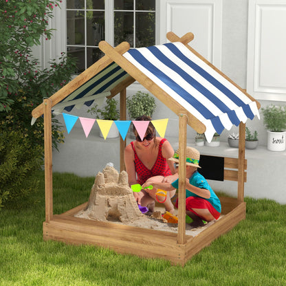 Wooden Sandbox with Canopy House Design - Weather-Resistant Play Set for Kids Ages 3-7, Outdoor Fun with Sink and Black Board