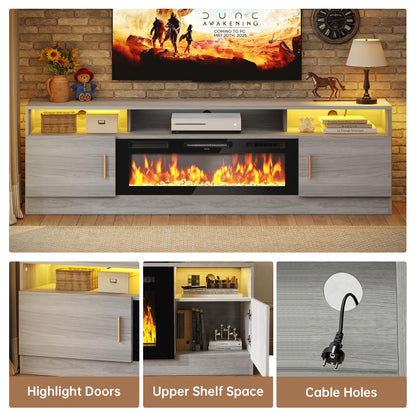 MXV 70" Fireplace TV Stand with Power Outlet for TVs UP to 80", Electric Fireplace Entertainment Center with LED Lights & Storage Cabinets, TV Console for Living Room, Office, Grey-Black