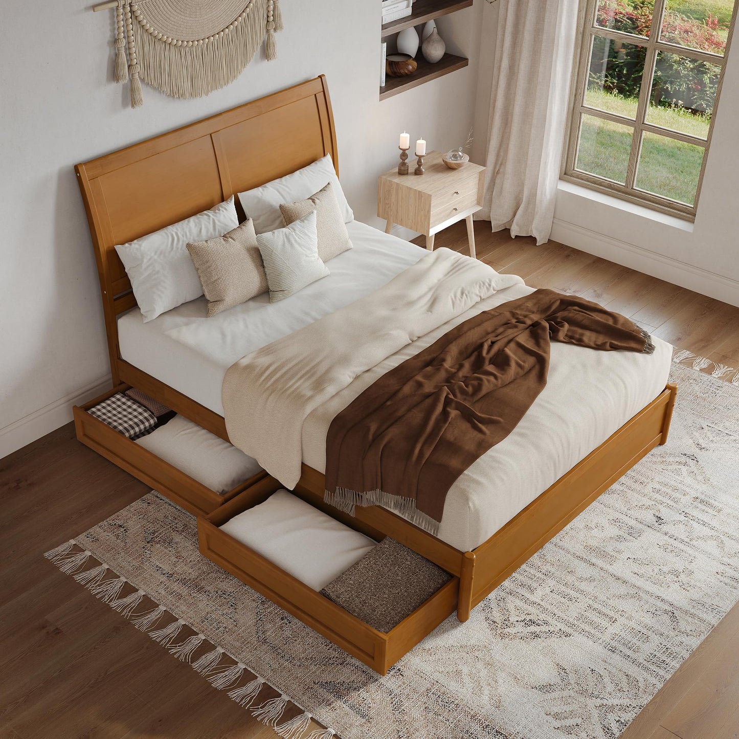 AFI, Andorra Queen Platform Bed with Panel Footboard & Storage Drawers, Light Toffee