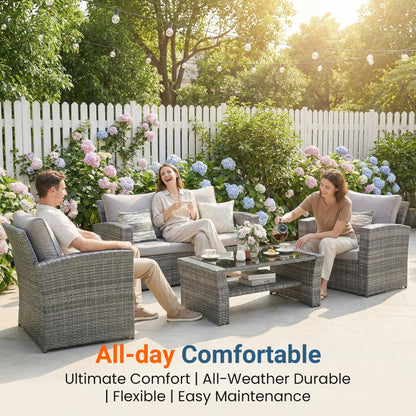 Wisteria Lane Patio Furniture Set, Wicker Outside Outdoor Furniture for All Weather, Patio Sofa with High Backrest Support and Wide Armrest for Backyard, Balcony, Deck, Porch, Ash Gray