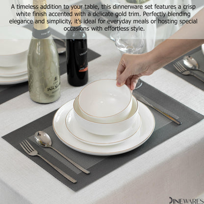 Perlaceo Luxurious Collection of 32-Piece White with Gold Rim Bone China Dinnerware Set - Lightweight and Durable - Service for 8, Including Dinner Plates, Salad Plates, and Cereal or Soup Bowls
