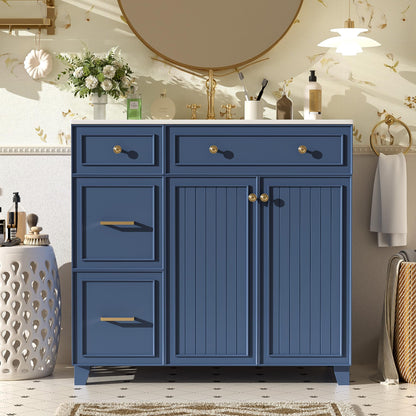 Favfurish 36" Bathroom Vanity with Ceramic Sink Combo,Free Standing Cabinet with Double-Layer Drawers and 3 Drawers,Solid Wood Bathroom Storage with Soft Close Doors,Adjustable Shelf,Modern,Blue