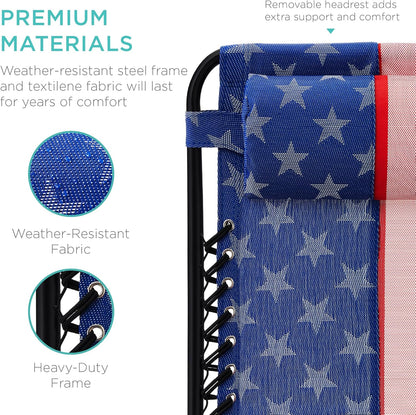 Best Choice Products Adjustable Steel Mesh Zero Gravity Lounge Chairs - Set of 2 with Pillows & Cup Holders | American Flag Design