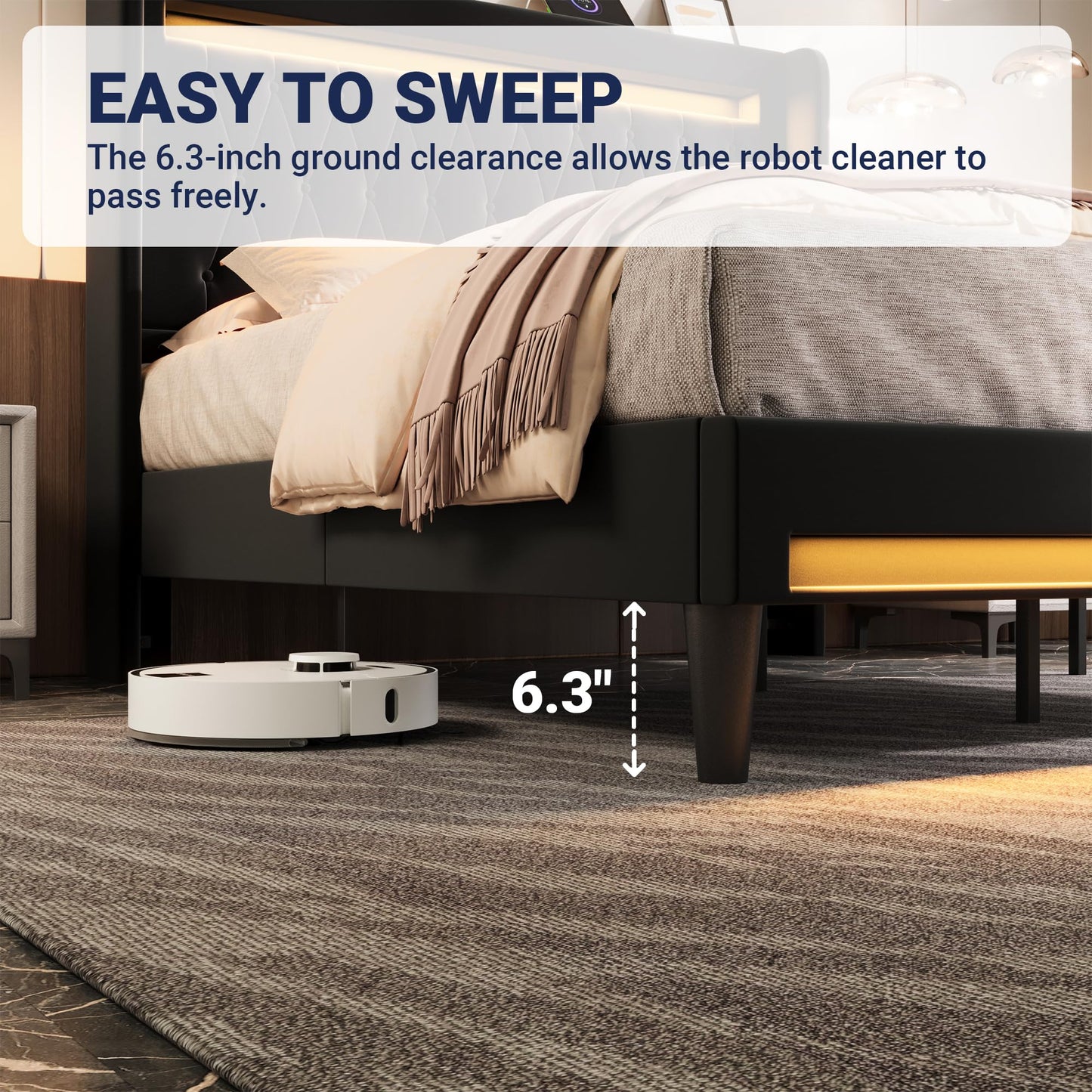 Allewie Upholstered King Size Platform Bed Frame with LED Light and Charging Station, Button Tufted High Headboard, Wingback Design, Noise Free, Easy Assembly, No Box Spring Needed, Black