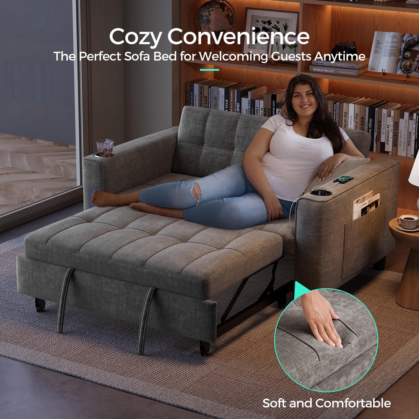 LINSY 54" Pull Out Couch with Charging Station, Small Sleeper Sofa Bed with Cup Holder, 3 in 1 Convertible Loveseat Sleeper Couch for Apartment, Dorm Room, Bedroom and Small Space, Gray