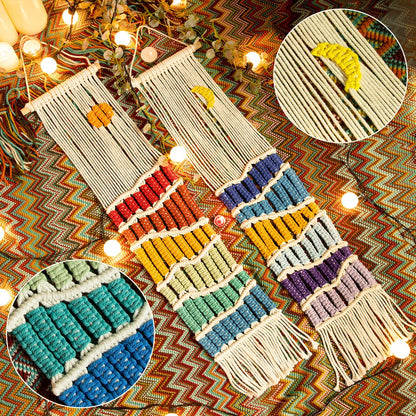 Boho Macrame Wall Hanging Decor Set, 2PCS Southwest Bohemian Handmade Woven Sun&Moon Mountain Geography Tapestry with Long Tassel, Gypsy Rainbow Ornament for Nursery Decoration Girl Christmas Gift