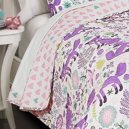 Lush Decor Pixie Fox Reversible Quilt Set, 3 Piece Set, Twin, Purple & Pink - Fun Lightweight Twin Bedding for Kids - Girls Pink Bedroom Decor