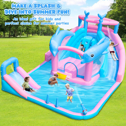 BounBounTime Inflatable Water Slide, Dolphin Bounce House for Kids 3-12, Water Park with Blower, Splash Pool, Climbing Wall, Water Cannon, Bouncy Castle for Backyard Summer Fun, 195 x 162 x 104 inches