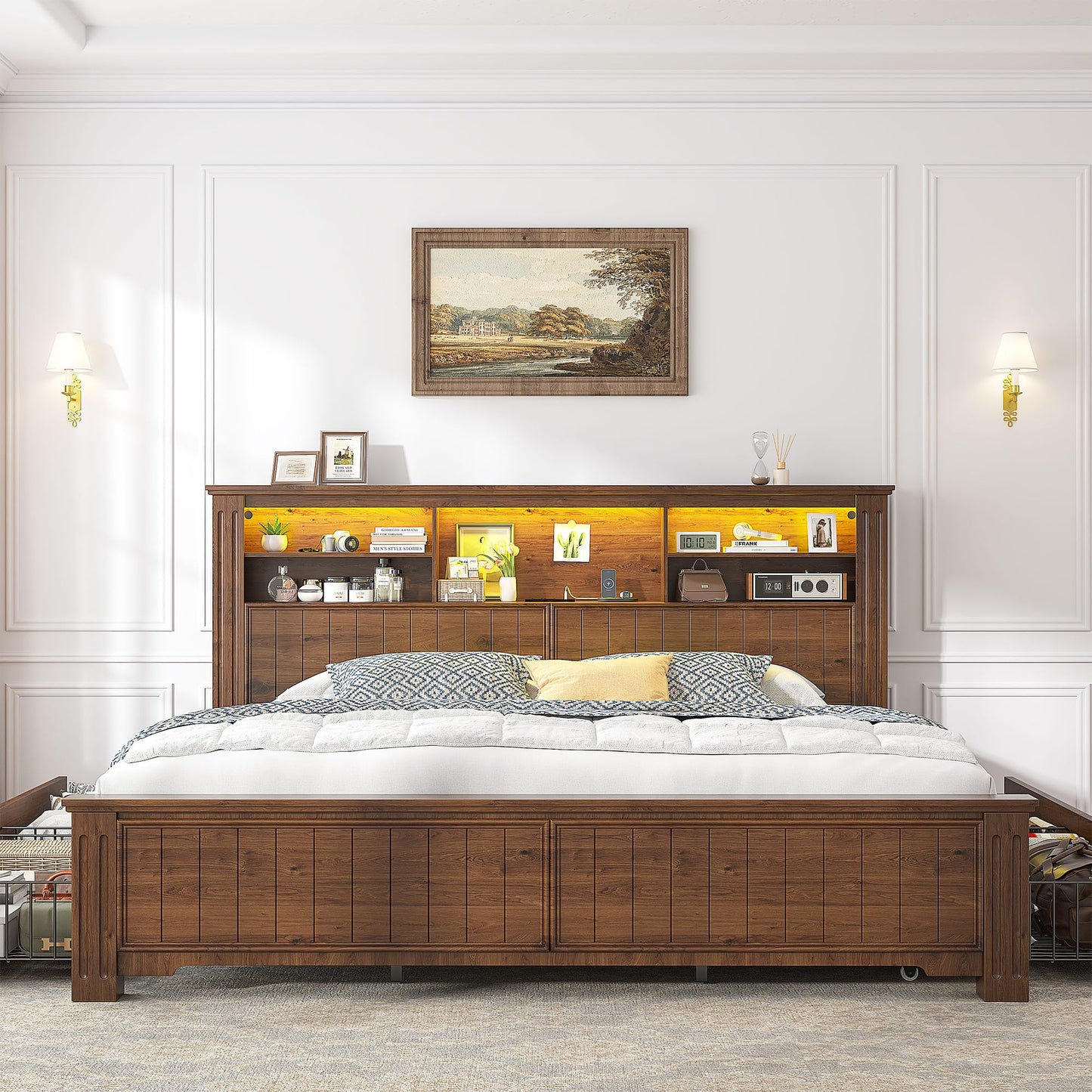 EnHomee King Size Bed Frame with 4 Storage Drawers and Headboard,LED Lights & Charging Ports,No Box Spring Needed for Big House,Noise-Free,Wooden,Brown