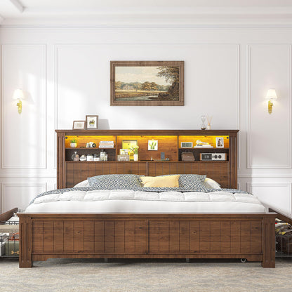 EnHomee King Size Bed Frame with 4 Storage Drawers and Headboard,LED Lights & Charging Ports,No Box Spring Needed for Big House,Noise-Free,Wooden,Brown