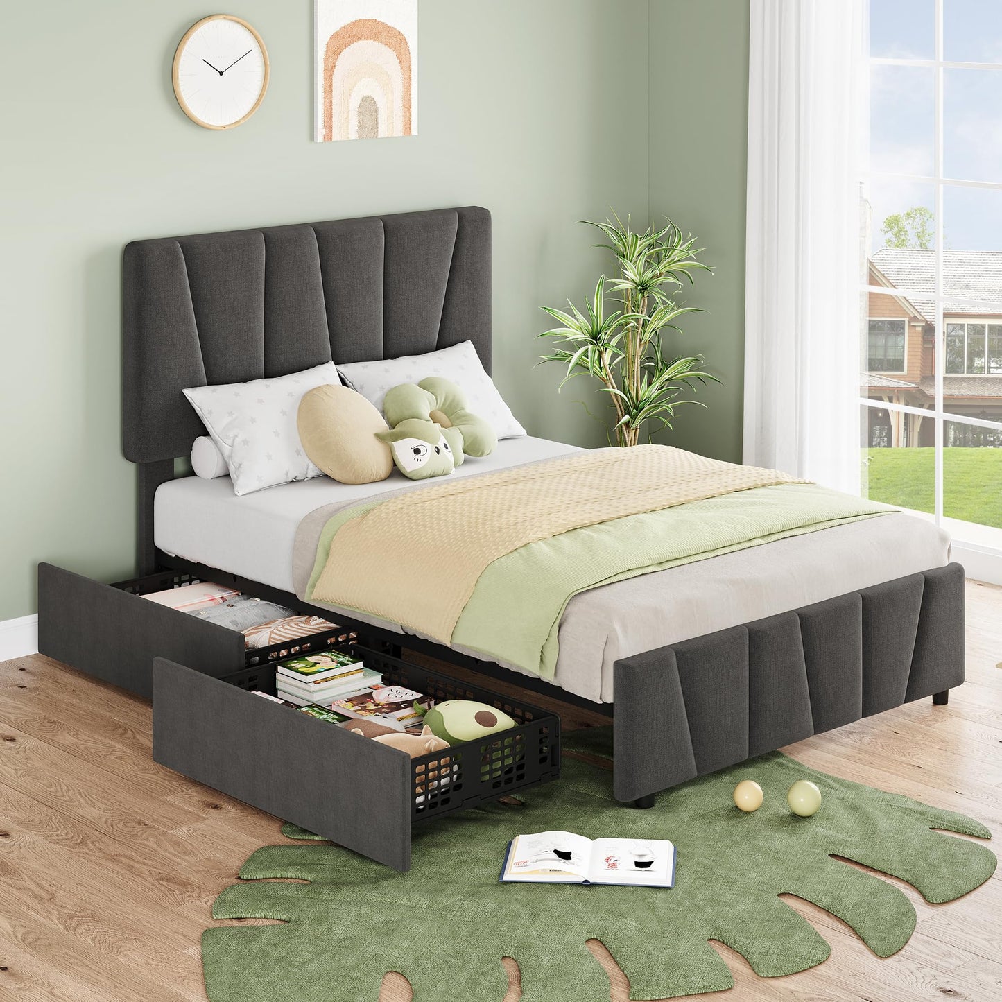 Twin Size Bed Frame with Upholstered Headboard & 2 Storage Drawers with Wheels, Platform Bed Frame with Wooden Slat Support, Adjustable Headboard, No Box Spring Needed, Noise-Free, for Bedroom