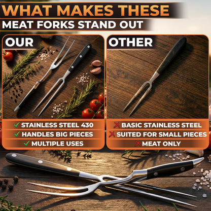 2 Pcs Carving Fork for Meat 11,8 inch - Stainless Steel Meat Fork with Heat-Resistant Handle for Grilling, Cooking, Serving - Straight and Curved Carving Utensils with Classic Two-Prong BBQ Design