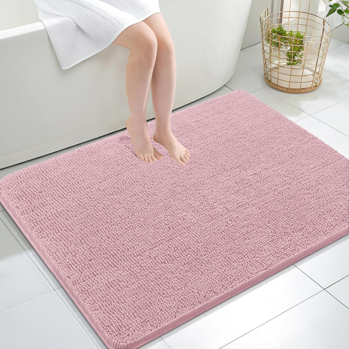 OLANLY Large Bathroom Rugs - Extra Soft Chenille Bath Mats | Quick Dry, Machine Washable, Dusty Rose 40x32