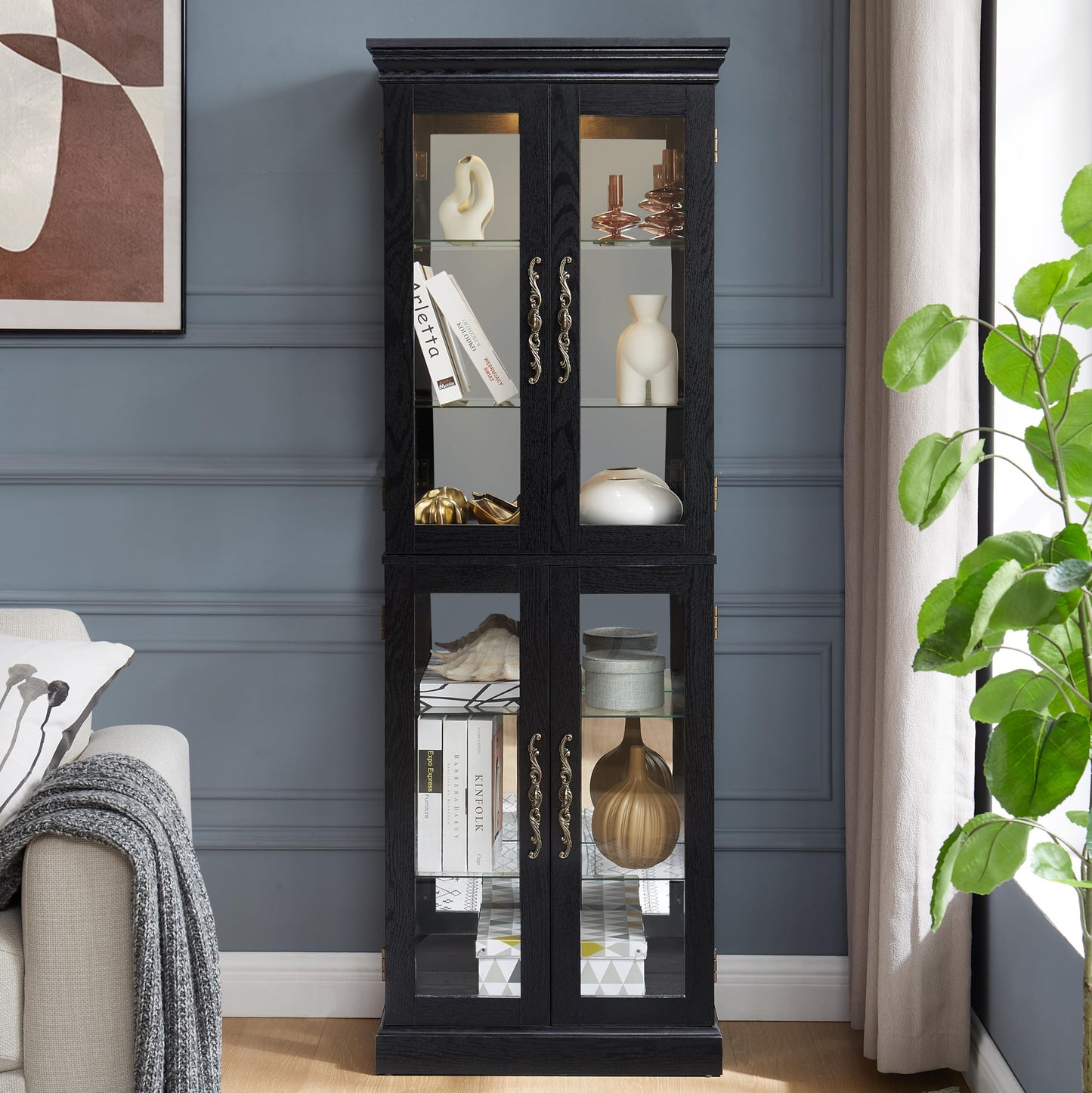 Elegant Lighted Glass Curio Display Cabinet Wooden Frame Storage for Living Room, Kitchen Includes Light Bulb Ideal for Wine, Toys Collectibles Black
