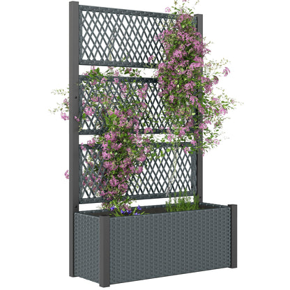 Outsunny Wicker Outdoor Planter with Trellis, 58" Standing Raised Garden Bed with Liner, Drainage Holes, Privacy Screen Planter Box for Climbing Plants, Flowers, Dark Grey