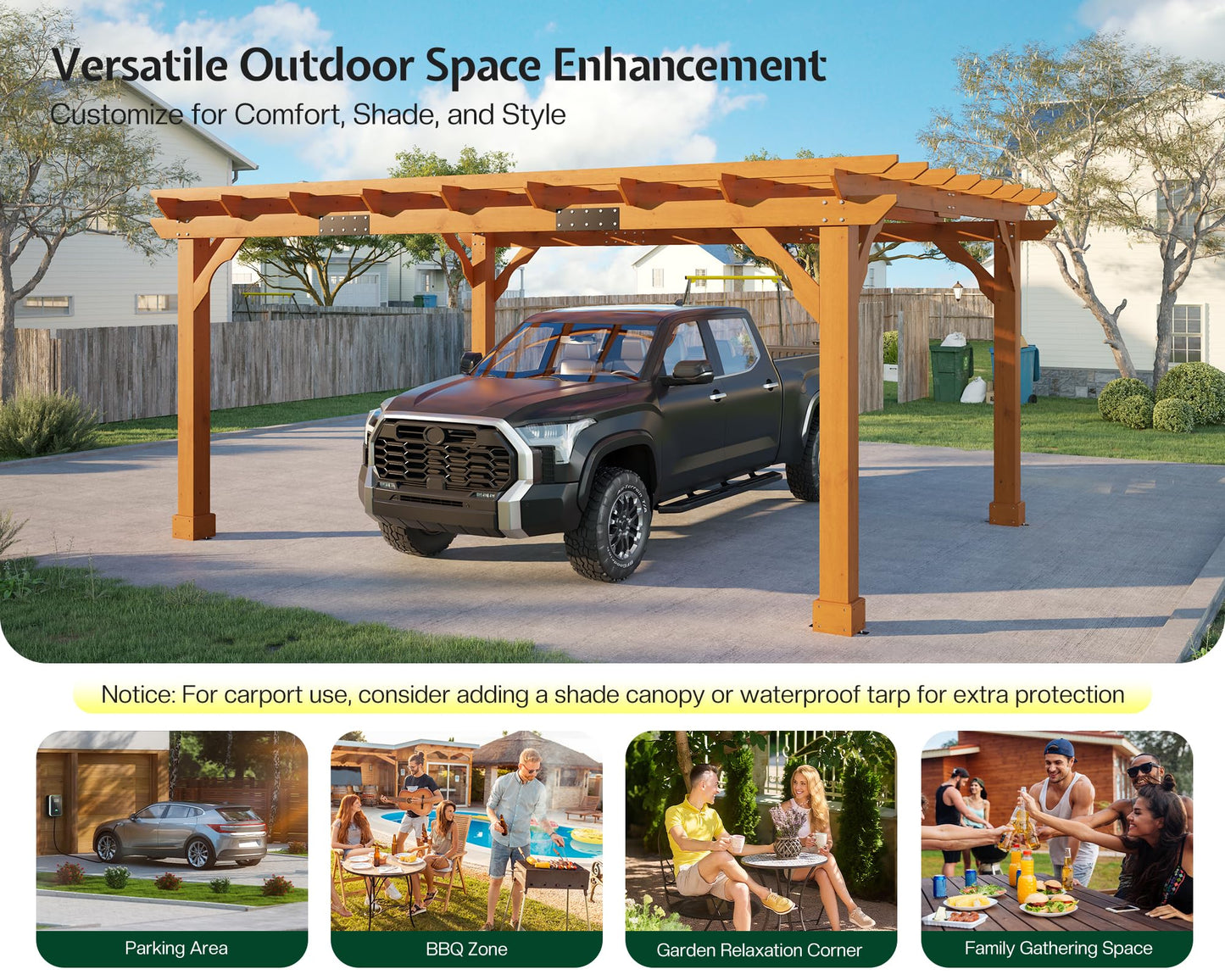 Jocisland 12x14 FT Premium Cedar Wood Pergola with Trellis Roof & Weather-Resistant Support, Outdoor Pergola Kit with Stakes, Garden Gazebo for Patio, Backyard & Events, Reddish-Brown