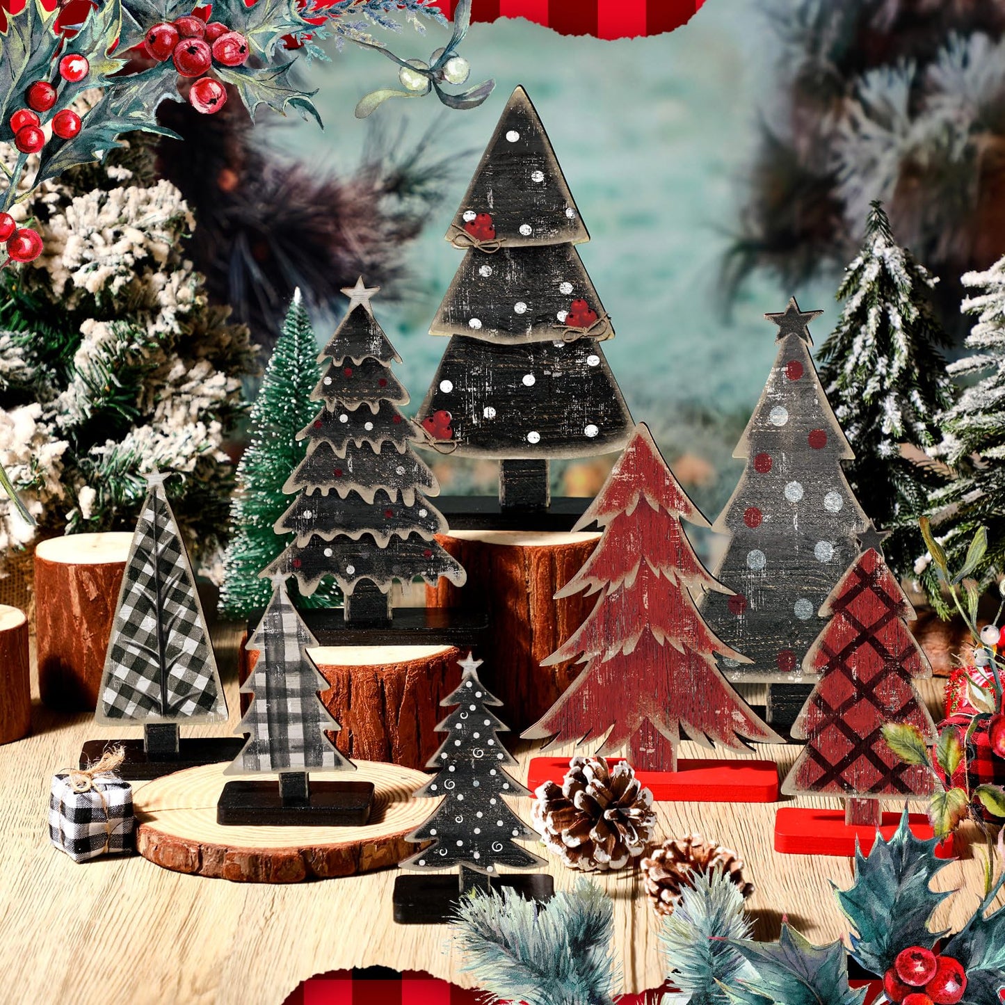 Moucuny 8 Pcs Wooden Christmas Trees Tabletop Decor Rustic Christmas Table Centerpieces Wooden Trees Sign for Home Office Fireplace Farmhouse Xmas Party Table Decor