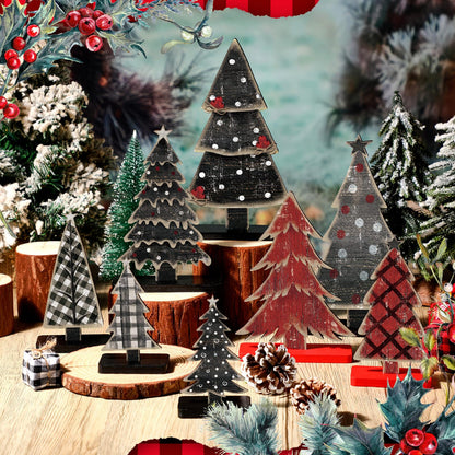 Moucuny 8 Pcs Wooden Christmas Trees Tabletop Decor Rustic Christmas Table Centerpieces Wooden Trees Sign for Home Office Fireplace Farmhouse Xmas Party Table Decor
