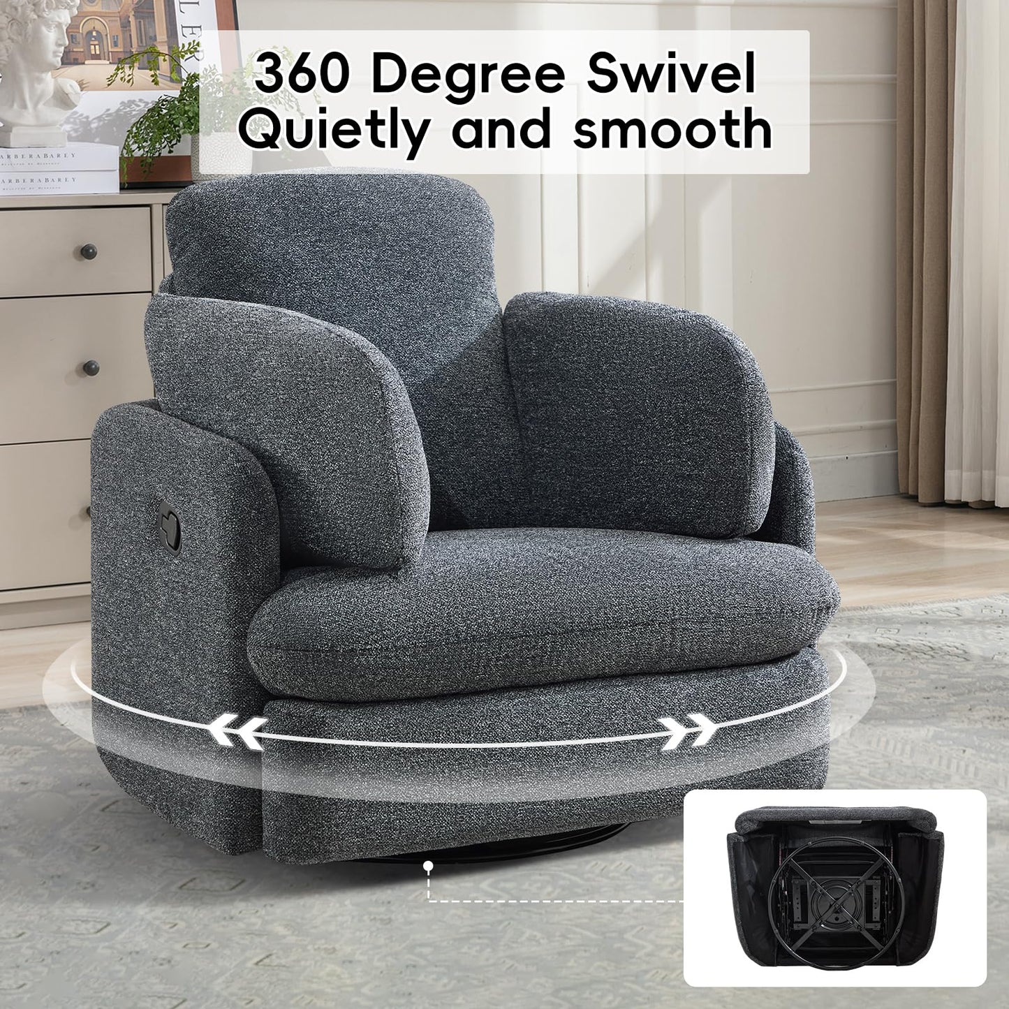 Bonzy Home Manual Recliner Chair Set of 2, 360°Swivel Rocker Recliner Chair for Adults, Overstuffed Nursery Rocking Reclining Sofa with 2 Pillows and Hidden Storage, Dark Grey