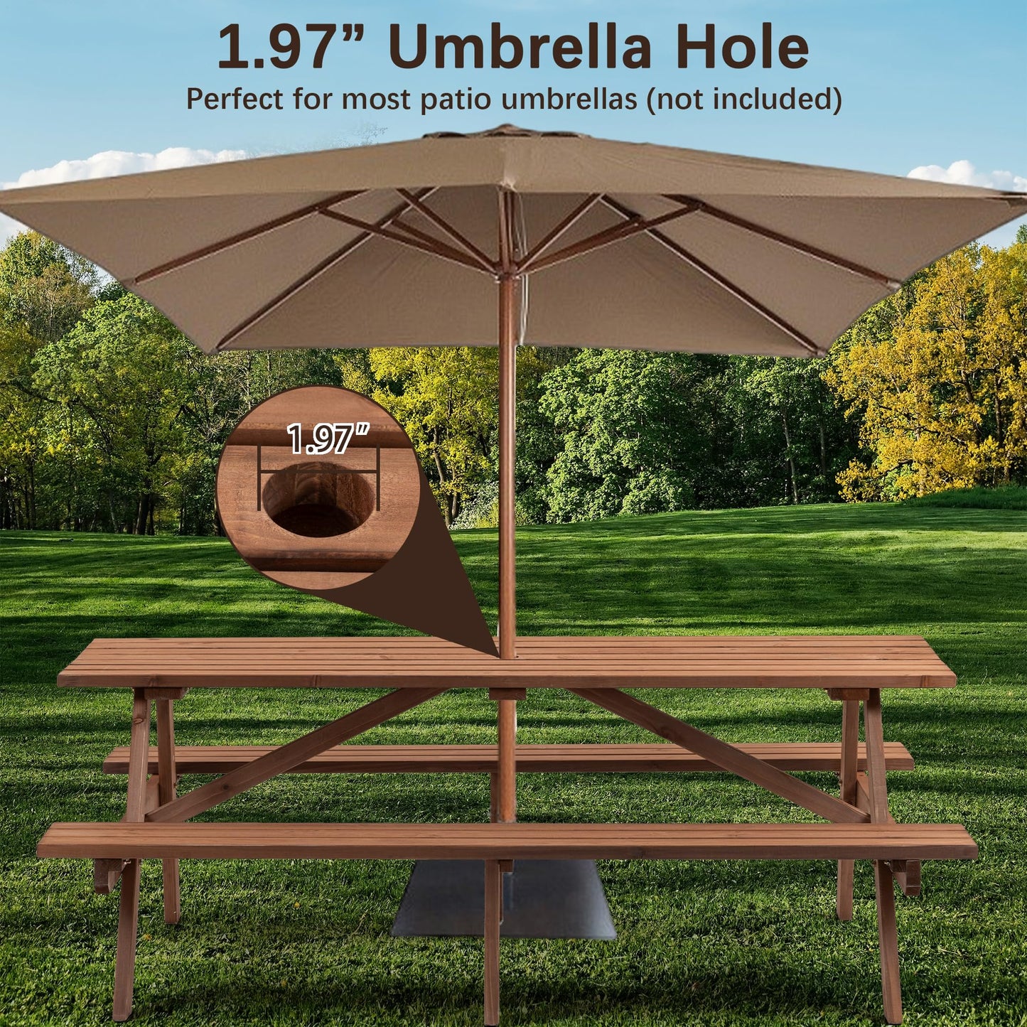 Jaxilyn Picnic Table with Bench for 6-8 Person Outdoor Wooden Rectangle Table for Backyard, Porch, Patio, Deck w/Umbrella Hole -Brown