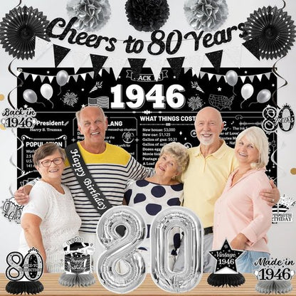 Holkcog 80th Birthday Decorations - Back In 1946 Poster & Banner Set with Balloons, Sash & Fans