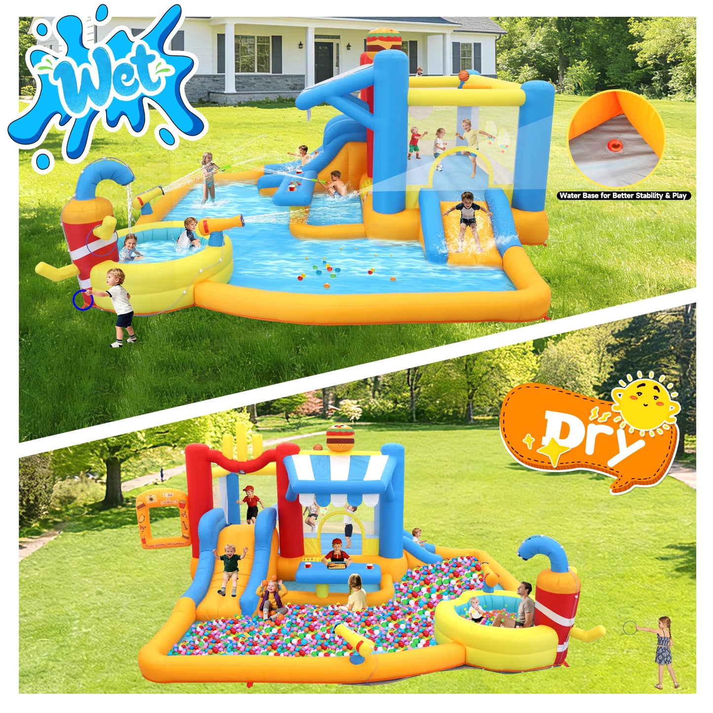 Large Inflatable Water Slide Park for Big Kids, 13-in-1 Bounce House Water Slide with Double Slides, Blower, Splash Pool, Deep Pool, 16X15X7.7ft Burger Theme Party Outdoor Backyard Blow Up Water Slide