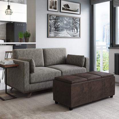 SIMPLIHOME Avalon Storage Ottoman - 42 inch Wide Upholstered Vegan Leather Rectangular Flip-Top Ottoman in Distressed Brown, Contemporary Coffee Table Ottoman for Living Room with Hidden Storage