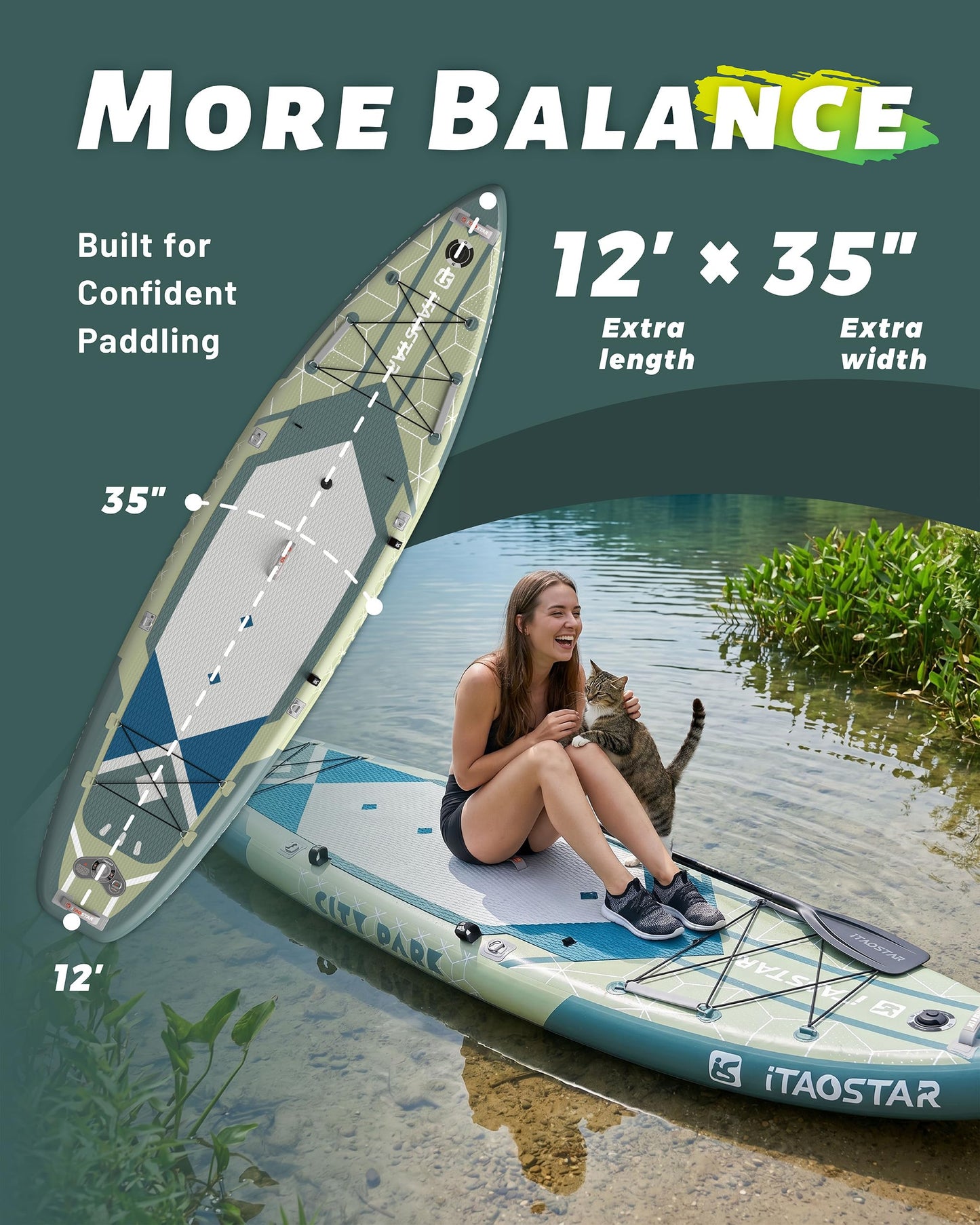 iTAOSTAR C03A 35" Super Wide Paddle Board, More Fun Inflatable Paddle Board with 5 Fins, 12 Foot Stand Up Paddle Board with Premium SUP Accessories for Adults of All Skill Levels