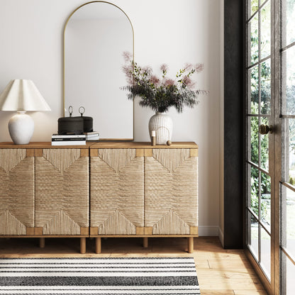 Nathan James Beacon Accent Natural Sideboard Storage Cabinet TV Stand in Light Wood with Adjustable Interior Shelf and Seagrass Doors, for Hallway, Entryway or Dining Room, Light Brown, Set of 2