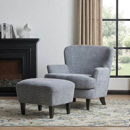 Merax Boucle Club Chair and Ottoman Set, Upholstered Accent Armchair with Ottoman, Modern Barrel Lounge Chair Set with Birch Wood Legs for Living Room Bedroom Office, Dusty Blue