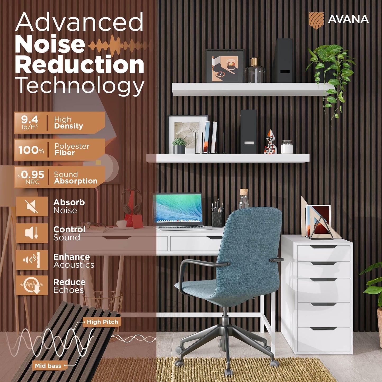 Avana Acoustic Wood Wall Panels – 93.2x11.25 Inch Panels – Fits 94x12 Layout – Dark Walnut Acoustic Panels 4 PCs – Wall Panels For Interior Wall Decor for Homes, Offices – Durable Wood Panels For Wall
