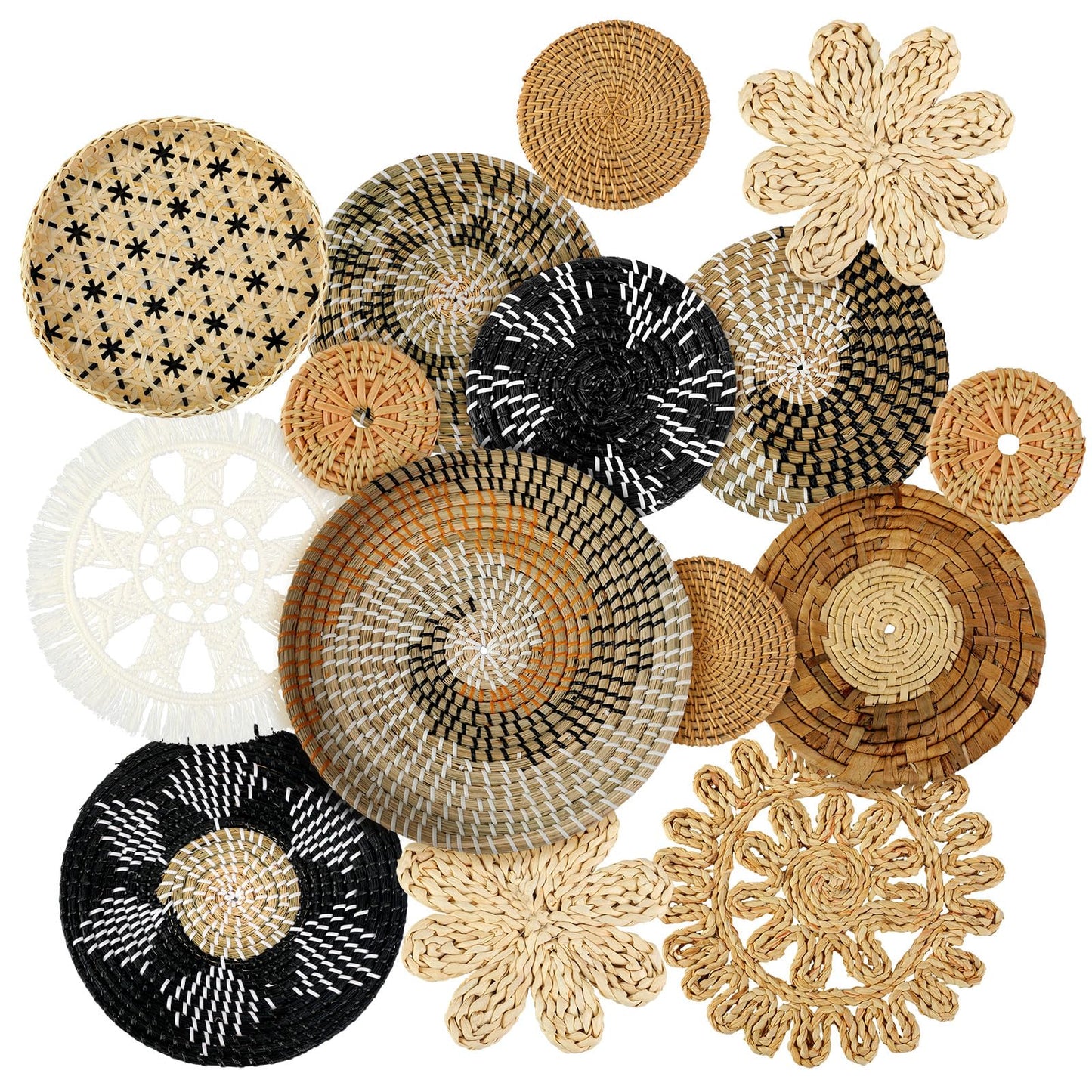 Xuhal 15 Pcs Boho Wall Basket Decor Handcrafted Seagrass Woven Wall Basket Rustic Round Woven Hanging Art for Home Farmhouse Kitchen Table Living Room(Stylish Style)