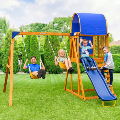Sportspower Augusta Cedar Wooden Swing Set with Heavy Duty A-Frame & 6ft Double Wall Slide, Bonus Anchor Kit Included
