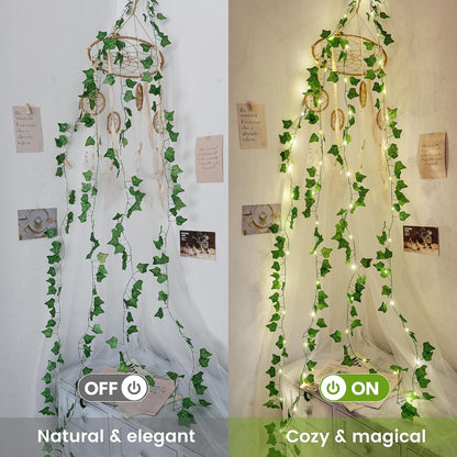 23FT 73 Ivy Vine String Lights, LED Lighted Garland with Green Leaves, USB & Battery Powered, Room Wall, Dorm, Bedroom