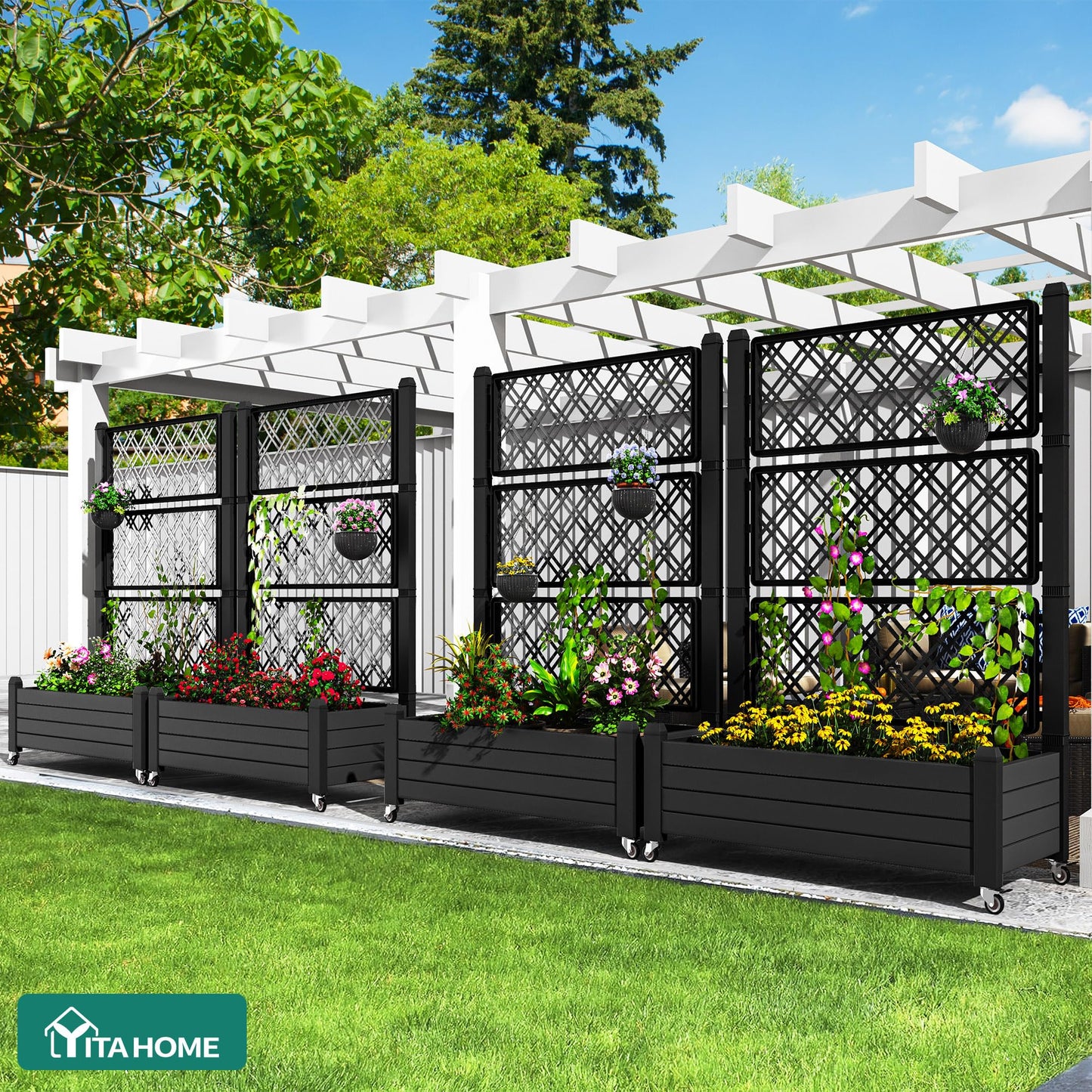 YITAHOME 43.3x17.7x61 in Planter Box with Trellis 2pcs Outdoor Resin Raised Garden Bed with Wheels & Drain Plug for Climbing Plants, Weather-Resistant Outdoor Privacy Screen, Black