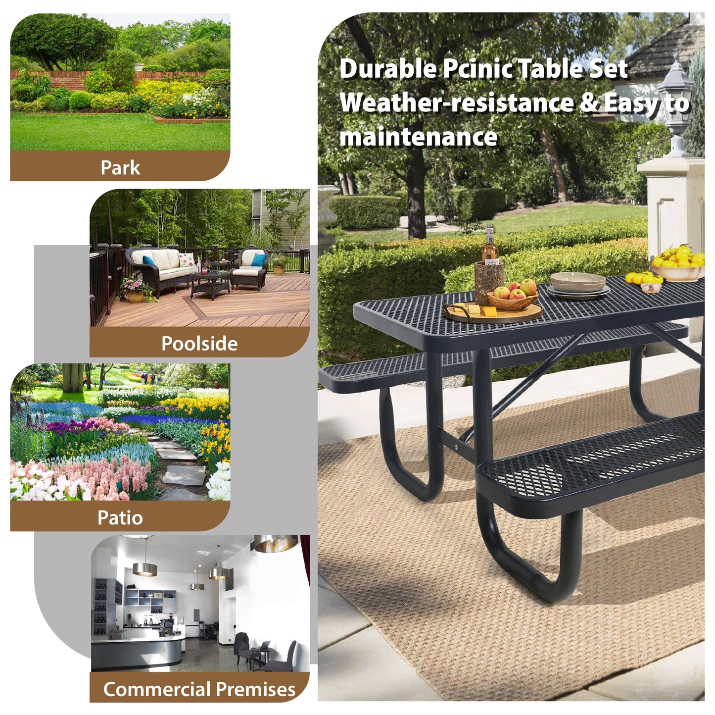 4FT Metal Picnic Tables for Outdoors, Commercial Rectangular Picnic Table and Bench Set for Outside, Patio, Garden, Backyard, Porch, Surface Mount, Black