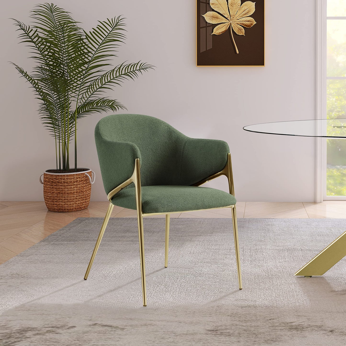 Meridian Furniture 559Green-C Nial Collection Modern | Contemporary Dining Chair with Rich Green Boucle Fabric, Iron Frame in Brushed Brass Finish, 22.5" W x 24.5" D x 31.5" H, Green, Set of 2