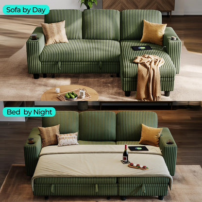 LINSY HOME Sectional Sleeper Sofa Pull Out Couches for Living Room (Green, Sleeper Sofa 1) | Pull Out Sofa Bed, Storage, USB Charging, Cup Holders, Plush Corduroy