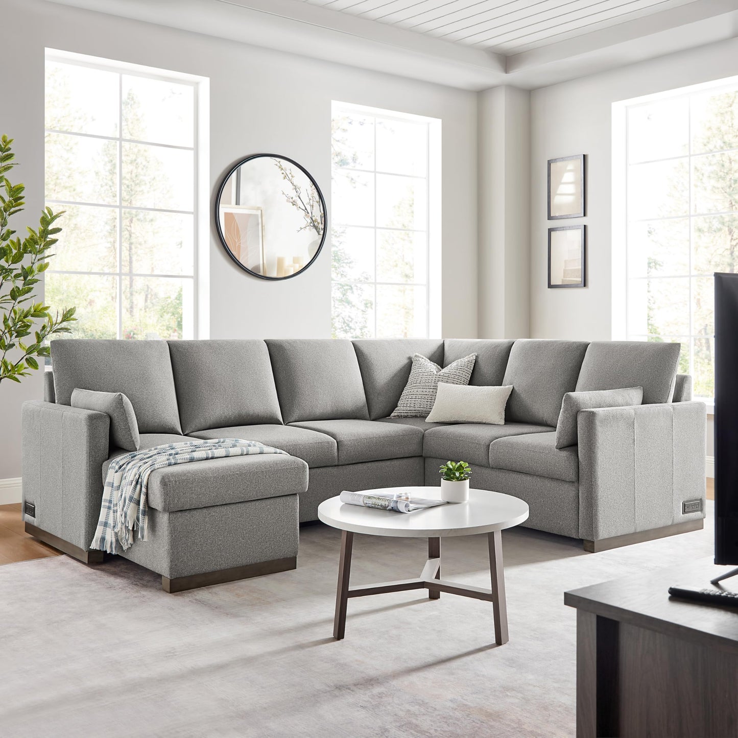 Serta® Emmett 110.2" Convertible Sleeper Sectional, Queen Size, Dreamcoil® Comfort, Reversible Storage Chaise, USB-C and USB-A Power Ports, Woven Fabric, Light Grey