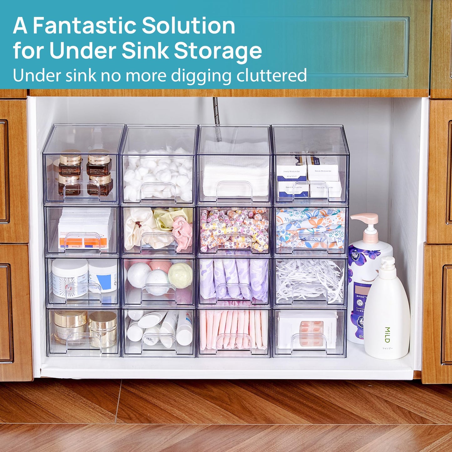 Vtopmart 4 Pack Small Clear Stackable Storage Drawers,Acrylic Bathroom Makeup Organizer,Plastic Storage Bins For Vanity, Undersink, Kitchen Cabinets, Pantry, Home Organization