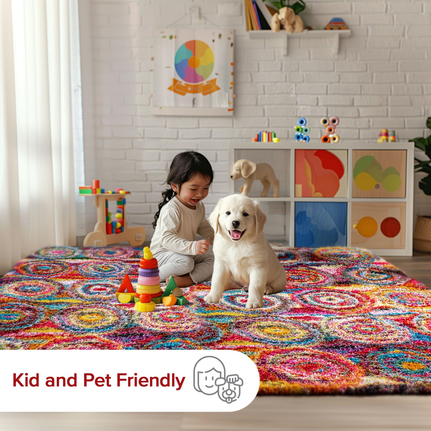 Nuloom Kindra Multicolor/Red, 7'10" Square, Bohemian Circles, Soft and Cozy, High Traffic, Stain Resistant, Easy Clean, Durable Area Rug for Bedroom, Living Room, Dining Space, Den, Foyer, Entryway
