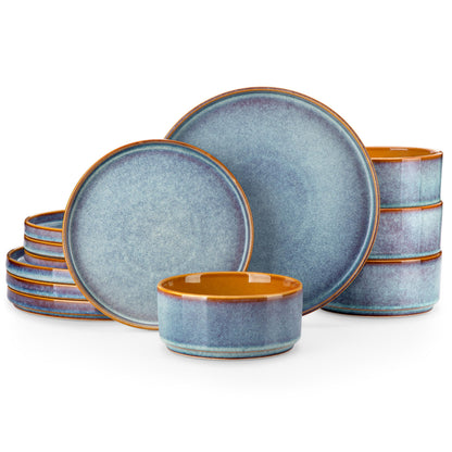 vancasso ONION Ceramic Dinnerware Sets, 12 Pieces Stoneware Plates and Bowls Sets for 4, Reactive Glaze Dishes Set for Kitchen, Dishwasher and Microwave Safe, Blue