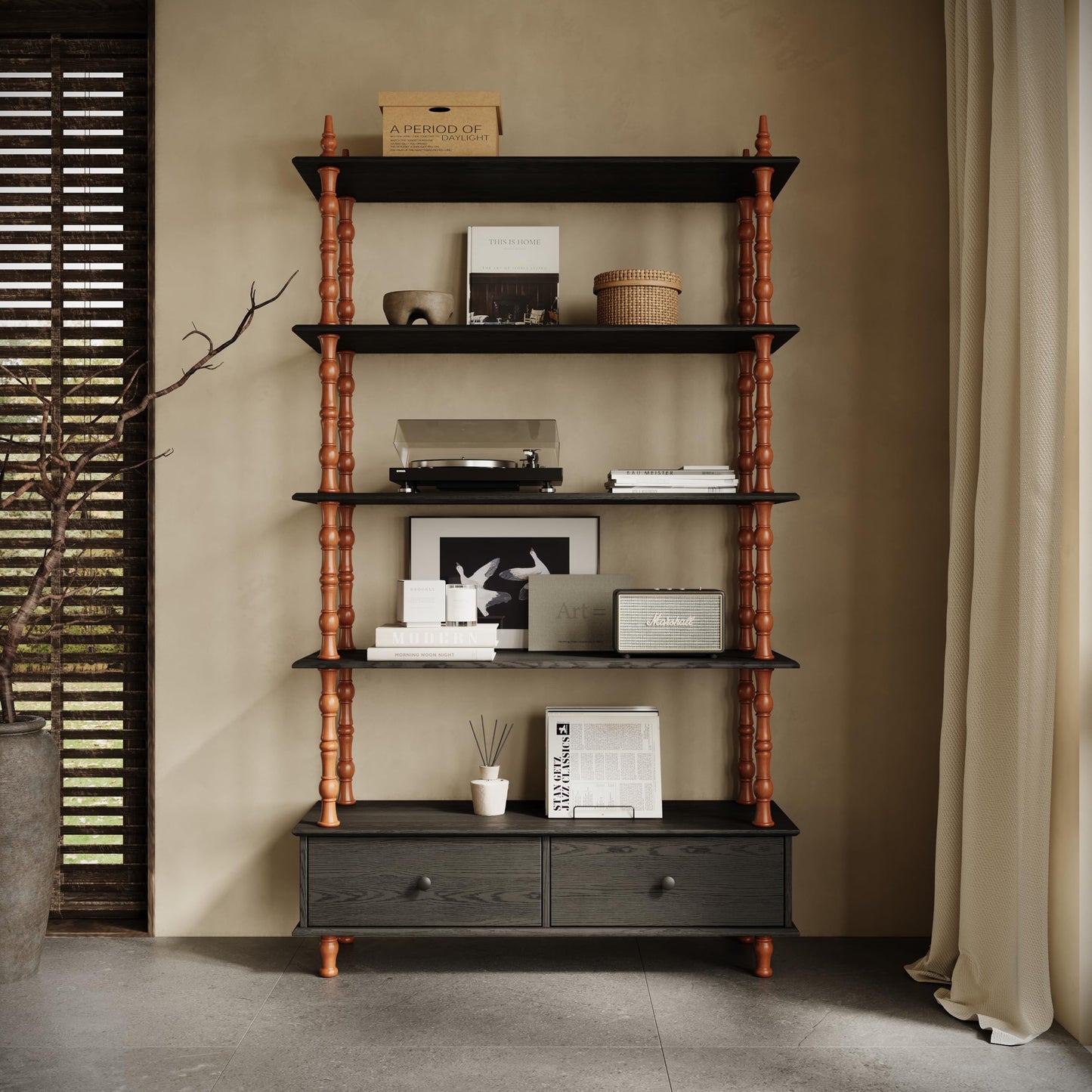 KEIKI 74.4 Inch Bookcase Shelf, 5 Tier Wood Book Shelf, Large Open Shelves with Storage Drawers, Solid Wood Veneered Free Standing Shelves for Living Room, Study Room, Black