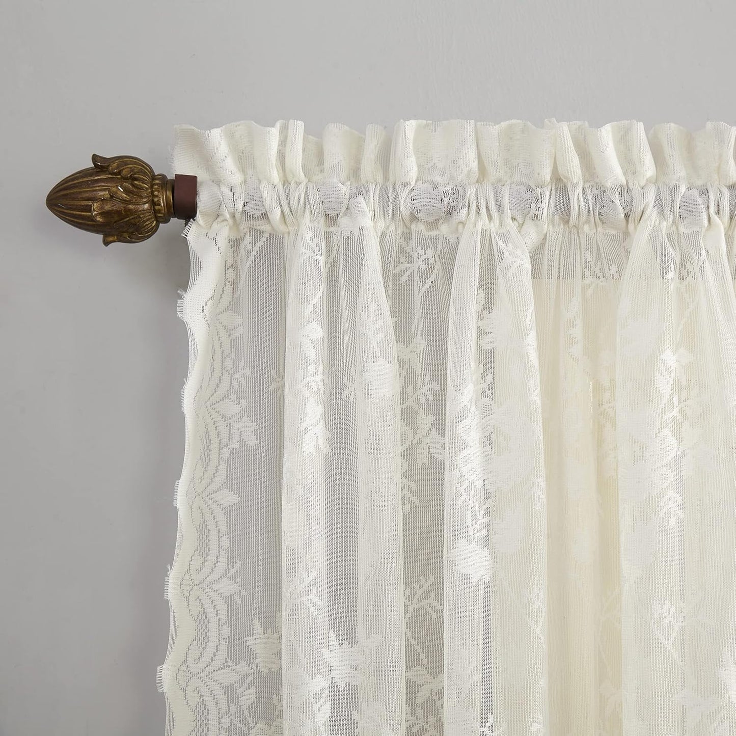 No. 918 Alison Floral Lace Sheer Rod Pocket Kitchen Curtain Tier Pair, 58" x 36", Ivory Color