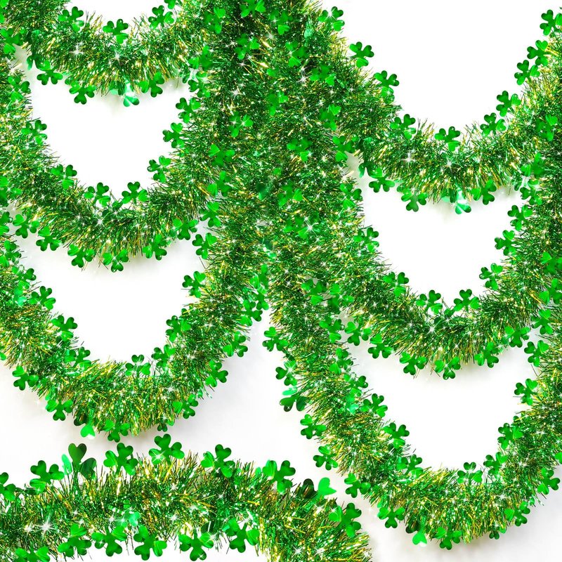 TURNMEON 33 Ft St. Patrick's Day Tinsel Garland Decorations Green Gold Shamrock Garland Clover Metallic Streamer Hanging St Patricks Day Decorations for Home Indoor Outdoor Irish Party Supplies